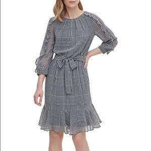 Calvin Klein Ruffled Houndstooth Chiffon Dress